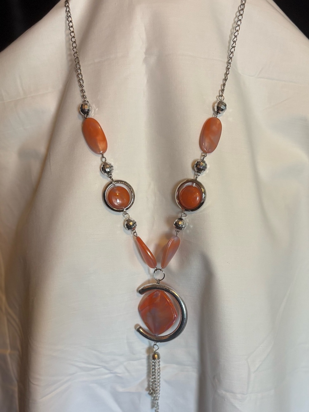 Vintage Orange and Silver Crescent Pendant Necklace